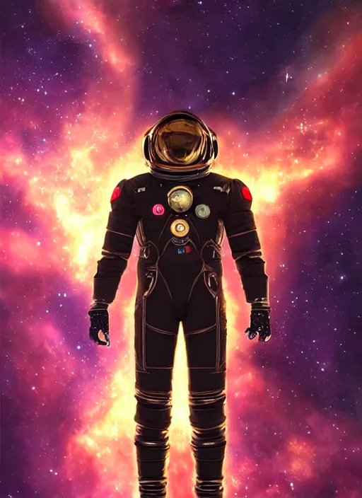 Prompt: black man in an advanced spacesuit in front of exploding nebulae, digital illustration trending on artstation by artgerm and rutkowski