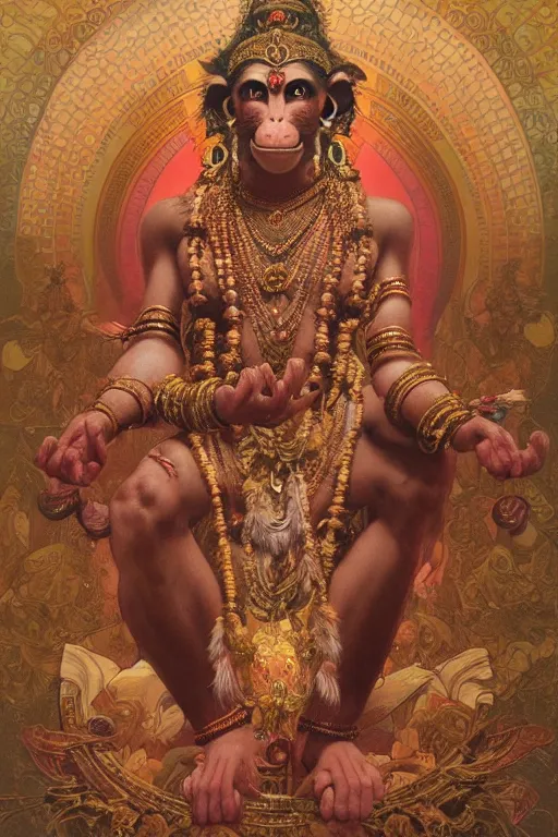 Image similar to a full body portrait of a beautiful ornated hanuman god, meditative sacral pose, hindu stages of meditation, intricate, elegant, highly detailed, digital painting, artstation, concept art, smooth, sharp focus, illustration, art by krenz cushart and artem demura and alphonse mucha