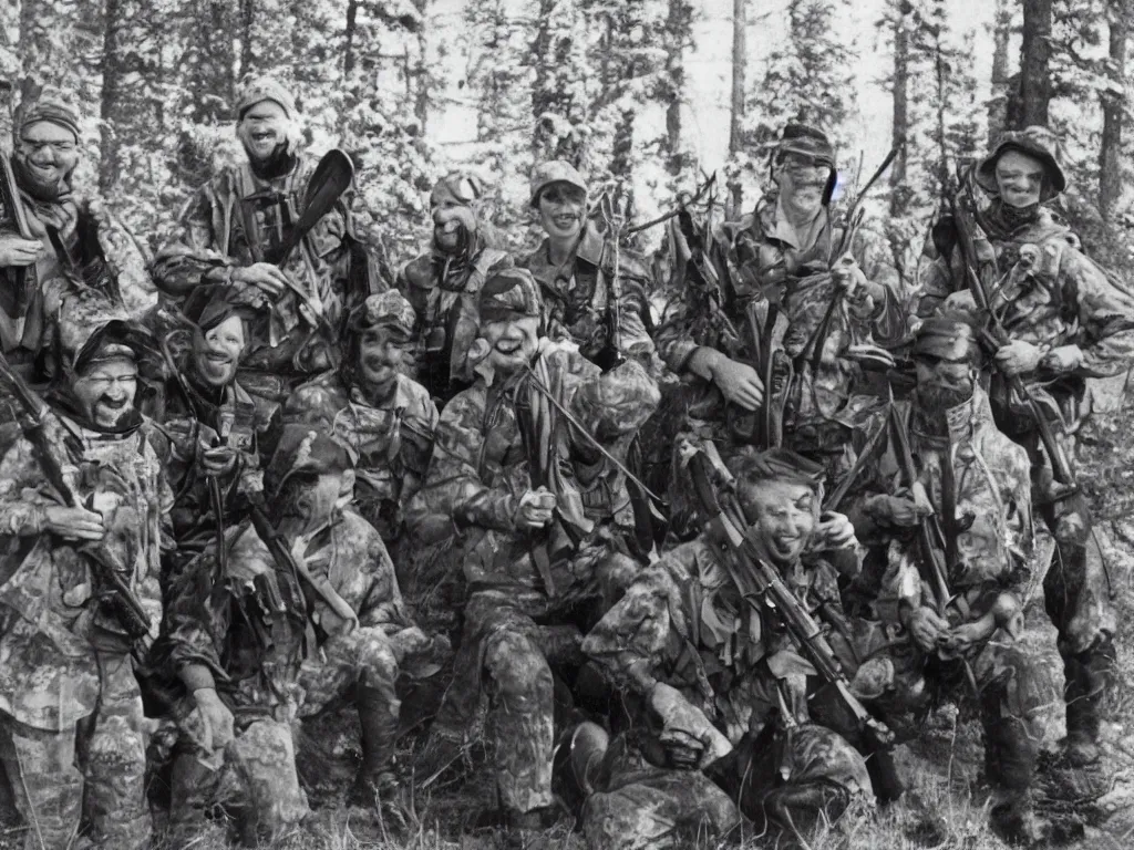 Prompt: happy group of finnish men with rifles preparing for a moose hunt and smiling to the camera, 1 9 6 6, home album pocket camera photo, detailed facial features, hyper realistic