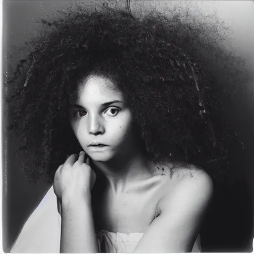 Image similar to polaroid picture, beautiful light - skinned teenage girl, symmetrical face, curly hair, afro, full shot, artistic, black and white, eerie, francesca woodman style