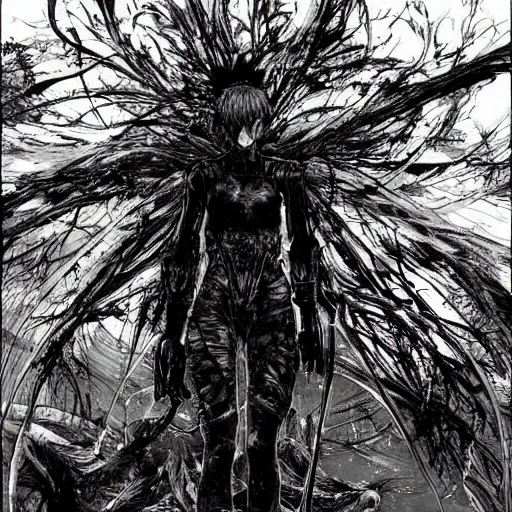 Prompt: sci - fi, monster hunters walking in a meat and bone forest, art by tsutomu nihei