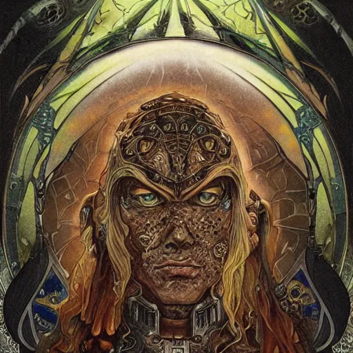 Image similar to portrait of golem the earth warrior made with rock and black obsidian and thunder by Jeff Easley and Peter Elson + beautiful eyes, beautiful face + symmetry face + border and embellishments inspiried by alphonse mucha, fractals in the background, galaxy + baroque, gothic, surreal + highly detailed, intricate complexity, epic composition, magical atmosphere + masterpiece, award winning + trending on artstation