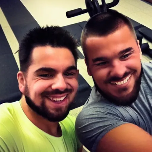 Prompt: selfie of two typical gym bros being bros at the gym