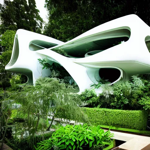 Image similar to futuristic house white covered in plants, hanging vines, motorcycle