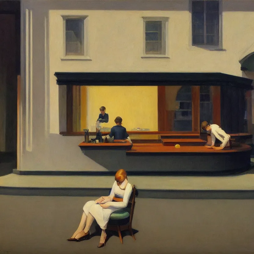 Prompt: Good Morning, conceptual philosophical painting by Edward Hopper, trending on ArtStation, masterpiece, artgem, 8K, super-resolution,