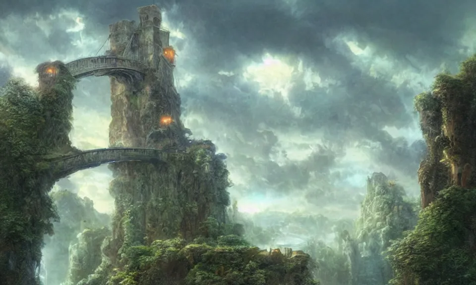 Prompt: a suspension bridge leading to a small flying island in the sky with the ruins of a tower, stunning digital illustration, by james gurney, cinematic lighting, intense colors, beautiful composition, detailed, mystical, beautiful and mysterious