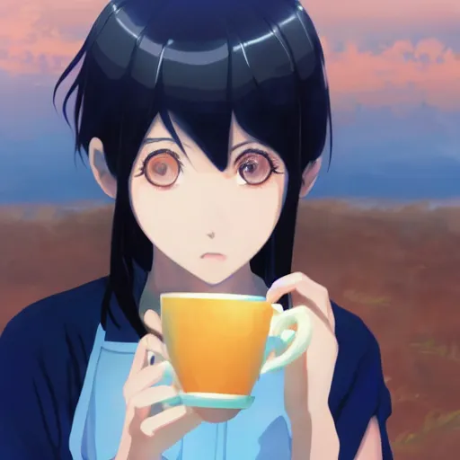 Image similar to beautiful closeup anime painting of a young woman with dark blue hair drinking tea, by makoto shinkai, kimi no na wa, artstation, atmospheric, high detail