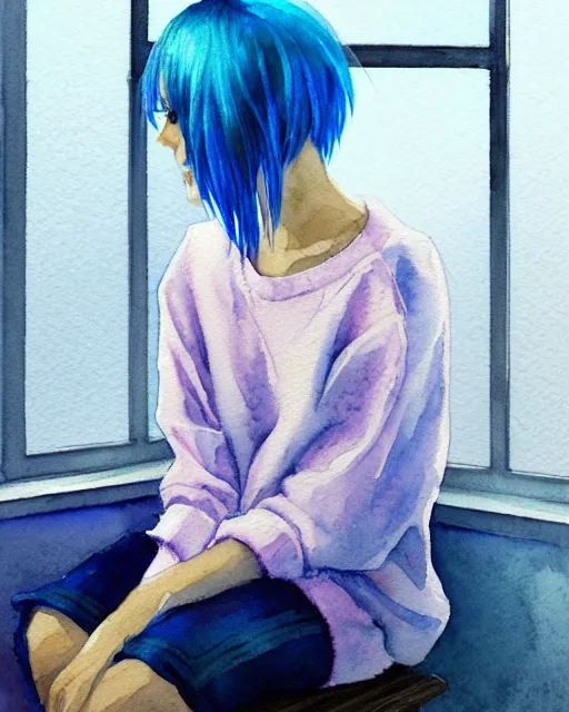 Prompt: watercolor painting of a pretty girl with Blue hair, wearing an oversized sweater, sitting by a windowsill, night. In the style of ilya kuvshinov, dramatic lighting, fantasy, intricate, elegant, highly detailed, lifelike, photorealistic, digital painting, bokeh, HDR, high resolution, artstation, concept art, smooth, sharp focus, art by Krenz Cushart and Albert Aublet