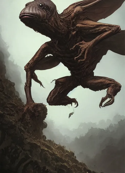 Image similar to giant humanoid fly with long proboscis and wings, against dark background, fluid, smooth, organic, crazy, high contrast, sharpness, dramatic, by greg rutkowski and siudmak and richard corben and moebius