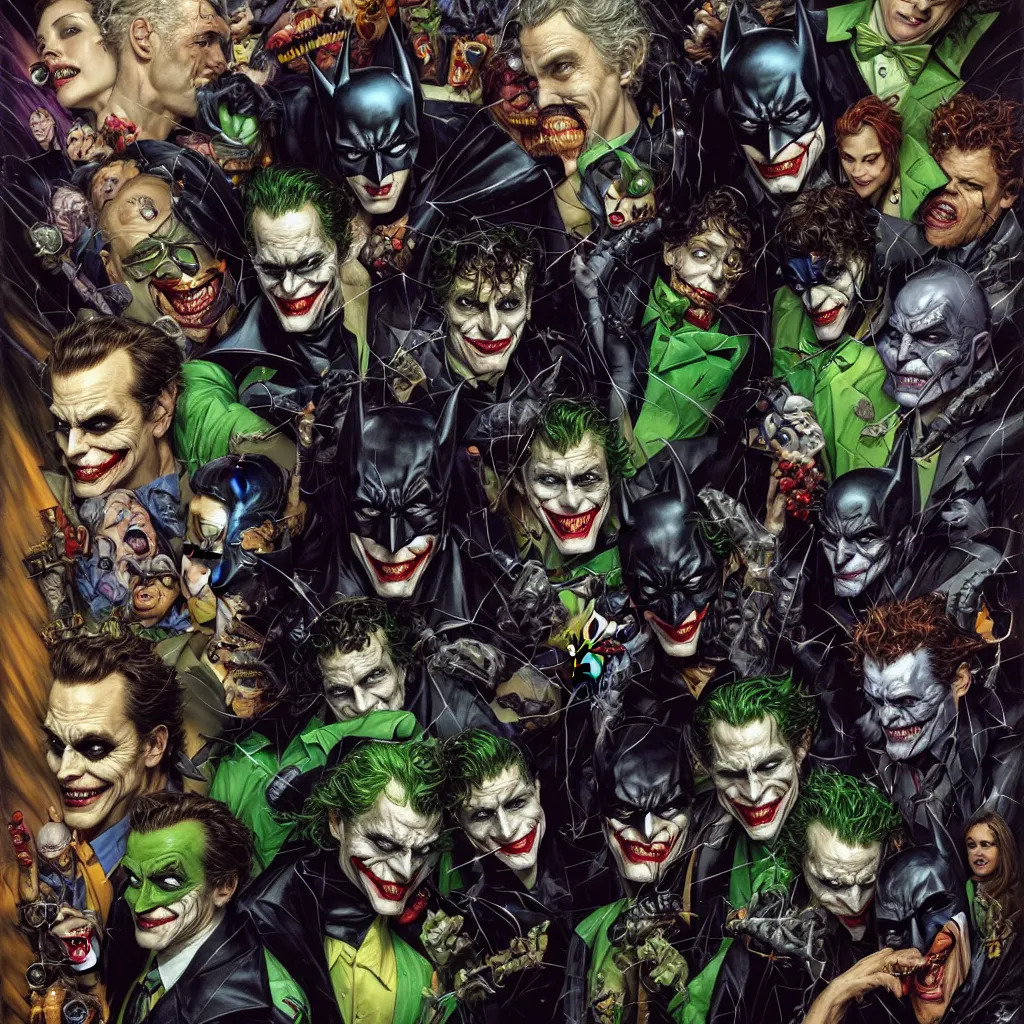 Image similar to a portrait of batman standing with the joker, robin, the riddler, the scarecrow, twoface, and the batmobile by karol bak, james jean, tom bagshaw, rococo, sharp focus, trending on artstation, cinematic lighting, hyper realism, octane render, 8 k, hyper detailed, vivid, ultra detailed, highly detailed