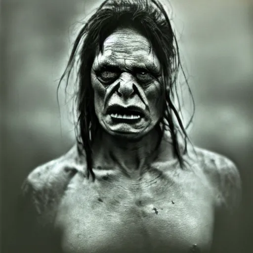 Image similar to a realistic photograph of a orc taken by sally mann, portrait, foggy, hazy, dull colors, detailed, bleak, 70mm