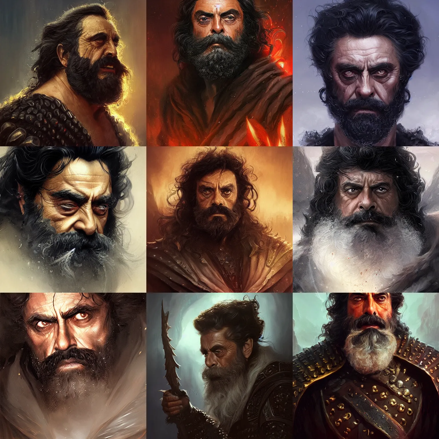 Image similar to emperor of the underworld, ian mcshane, curly black beard, d & d, fantasy, portrait, highly detailed, digital painting, trending on artstation, concept art, sharp focus, illustration, art by artgerm and greg rutkowski and magali villeneuve