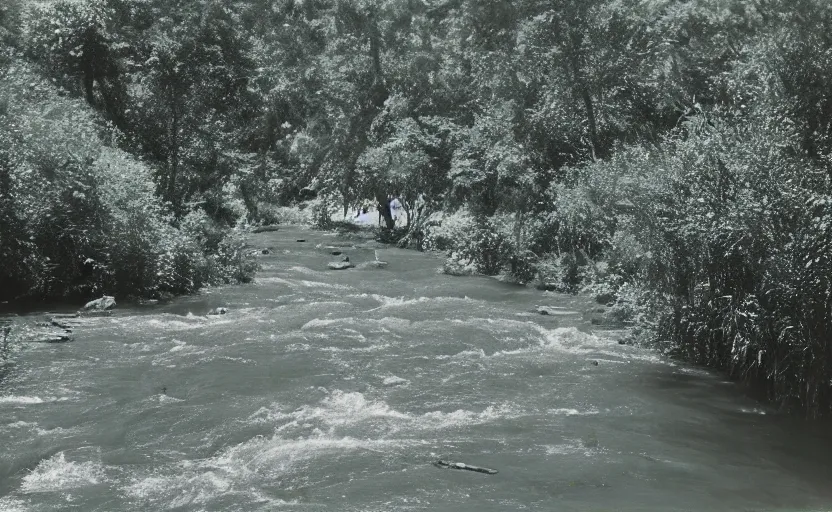 Prompt: vietnam river landscape, 35mm film, analog photography, F/1,4, film light leaks, film artifacts, cinematic light, blurry background, hyperrealistic, 80's, highly detailed