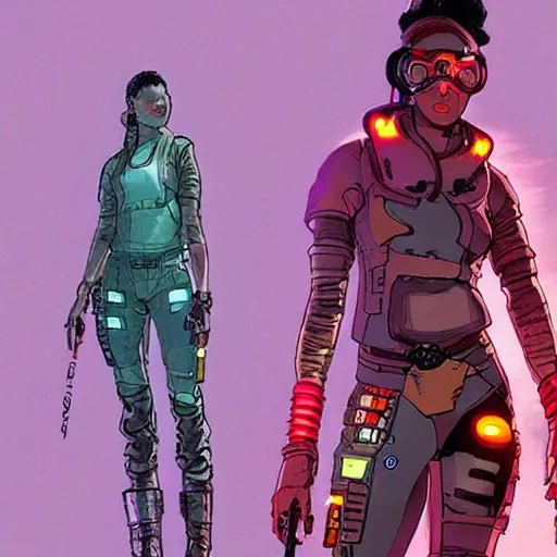 Image similar to Sonya. Apex legends cyberpunk feminist hacker. Concept art by James Gurney and Mœbius.