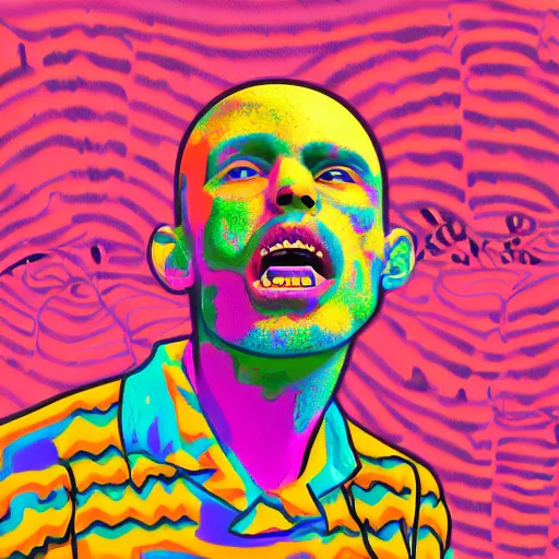 Image similar to man with a tab of lsd on his tounge, digital art by mad dog jones