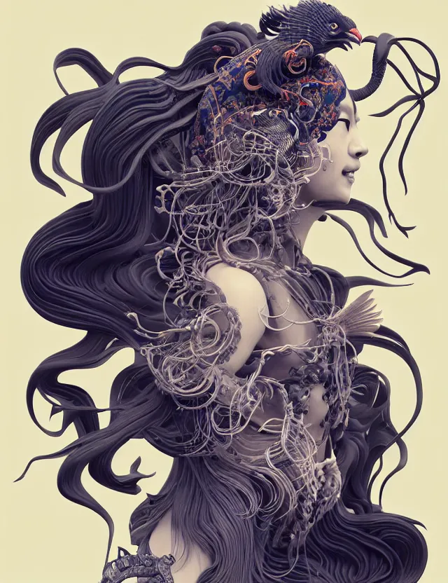 Image similar to 3 d slvic goddess half - turn portrait with long hair with ram skull. beautiful intricately detailed japanese crow kitsune mask and clasical japanese kimono. betta fish, jellyfish phoenix, bio luminescent, plasma, ice, water, wind, creature, artwork by tooth wu and wlop and beeple and greg rutkowski