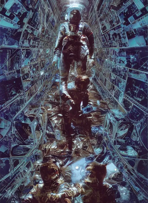 Image similar to astronauts in the dark infinite underwater void - complex and hyperdetailed technical suit, fabric material. reflection and dispersion materials. rays and dispersion of light. volumetric light. wide angle, f / 3 2. noise film photo. flash photography. ultra realistic, wide angle. poster by wayne barlowe, hajime sorayama aaron horkey, craig mullins