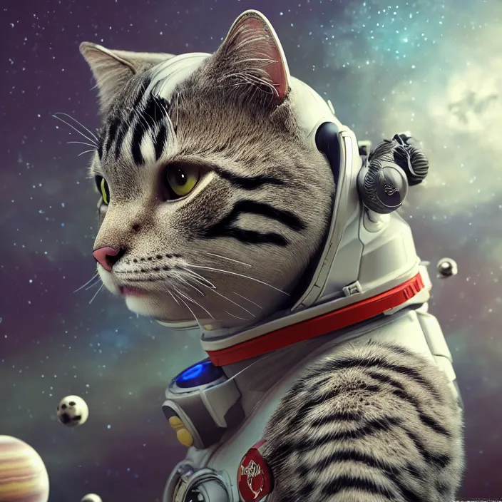Prompt: very detailed portrait of a majestic toy cat, dressed in a spacesuit, sci - fi, futuristic, details, intricate, octane render, redshift, smooth, illustration, fairy lighting, stars and planets in the background, hyperrealistic, by dmitry prozorov, loish, and wlop, trending on artstation, hyperdetailed, hyperrealism