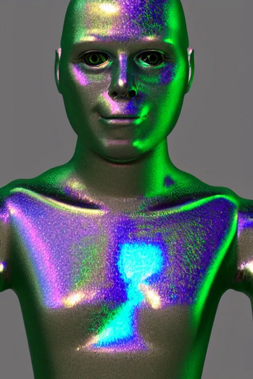 Image similar to 3d render of holographic angry human robotic screaming angry bust made of glossy iridescent, screaming, bust, surrealistic 3d illustration of a human non-binary, non binary model, 3d model human, cryengine, made of holographic texture, holographic material, holographic rainbow, concept of cyborg and artificial intelligence