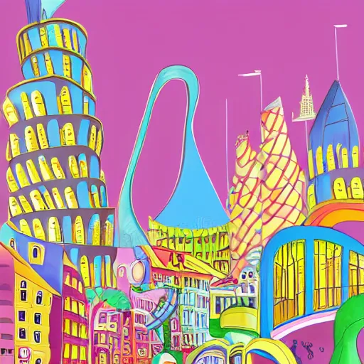 Image similar to fanciful city filled with curvy buildings, by dr seuss, oh the places you'll go, arches, platforms, towers, bridges, stairs, colorful kids book illustration