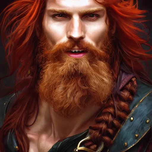 Image similar to portrait of a young ruggedly handsome but joyful pirate, male, masculine, upper body, red hair, long hair, d & d, fantasy, piercing gaze, sharp features, intricate, elegant, highly detailed, digital painting, artstation, concept art, matte, sharp focus, illustration, art by artgerm and greg rutkowski and alphonse mucha