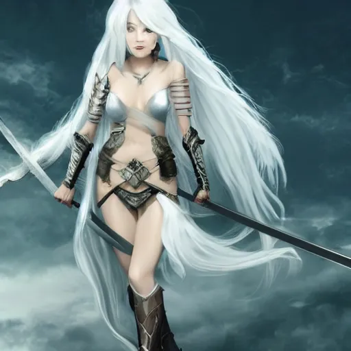 Prompt: beautiful girl with white long hair, wearing epic armor holding an edgy sword ready to fight a deadly monster giant