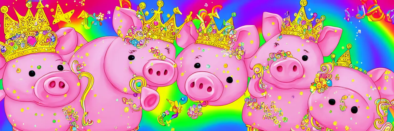 Image similar to illustration of cute pigs wearing gold crowns and rainbows digital art wallpaper by lisa frank, intricate illustration