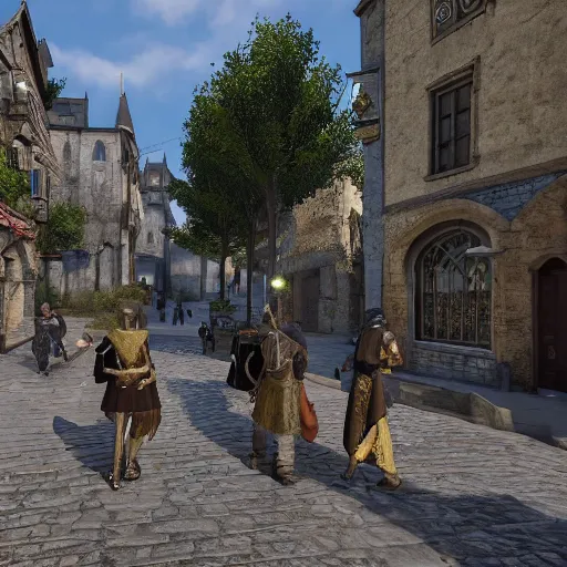 Image similar to detailed medieval fantasy streets with people walking around, unreal engine 5 rendered, incredibly highly detailed and realistic, 8 k, sharp focus, studio quality