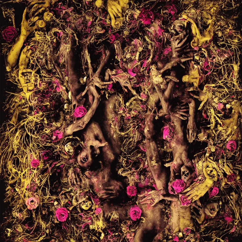 Image similar to award winning photo of sacred voodoo ritual, gold and concrete, human sacrifice, death, frantic, rotten flesh, flowers, evil cult, mysticism, vivid colors, weird and disturbing, symmetrical face, neon lights, studio lighting, wide shot art by sally mann & arnold newman