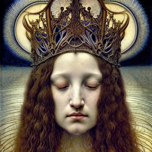 Image similar to detailed realistic beautiful young medieval queen face portrait by jean delville, iris van herpen and marco mazzoni, art forms of nature by ernst haeckel, art nouveau, symbolist, visionary, gothic, pre - raphaelite