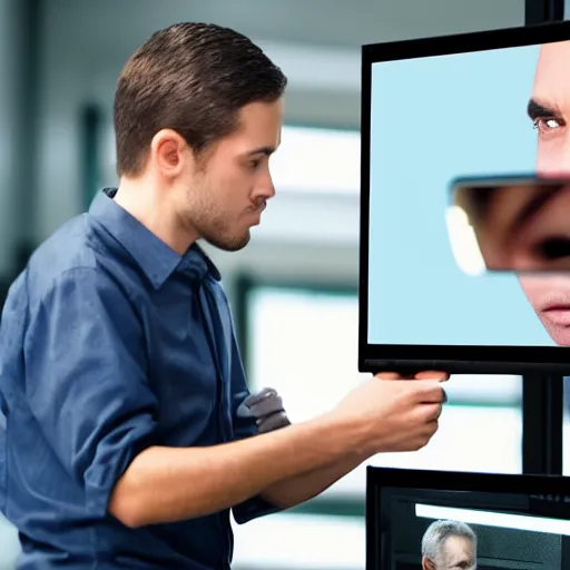 Image similar to a man looking at his digital clone in a computer screen