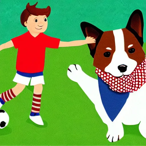 Image similar to illustration of french boy in paris playing football against a corgi, the corgi is wearing a polka dot scarf