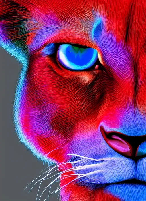 Prompt: a close up of a red lion's face with blue eyes, an album cover by jacob toorenvliet, featured on behance, cubo - futurism, rendered in cinema 4 d, sketchfab, rendered in maya, red shift, synthwave, by enguerrand quarton, by alesso baldovinetti, 3 d render, holography,