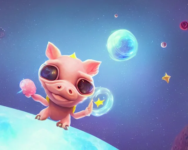 Image similar to 3D Fantasy Cute and adorable alien piggy in space, bright stars, Smooth 3D Illustration, soft render, Servando Lupini, Daniil Kudriavtsev, handpaint texture, Blender, 3DCoat