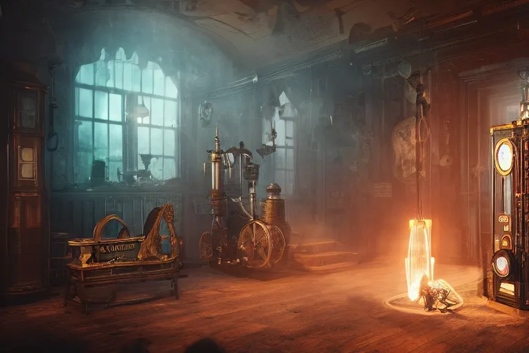 Prompt: Steampunk time machine emitting smoke in a victorian museum, james gurney, cinematic lighting, artstation, vibrant nature, Tuomas Korpi, tekkon kinreet, volumetric light, artstation, , octane render, redshift render, low angle camera, rich deep moody colors