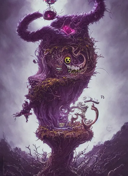 Image similar to Happy Cheshire Cat brewing tea, Death Tarot card,highly detailed,half skull face,cinematic,8k,by Stanley Artgermm,Tom Bagshaw,Greg Rutkowski,Carne Griffiths, Ayami Kojima, Beksinski, Giger,trending on DeviantArt,hyper detailed,horror, full of colour