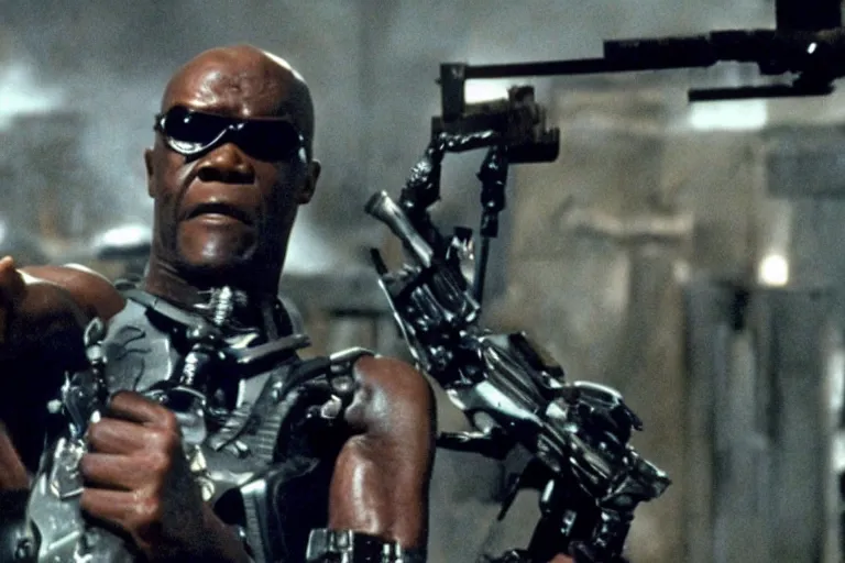 Image similar to Samuel L. Jackson plays Terminator and his endoskeleton is visible, action scene from the film