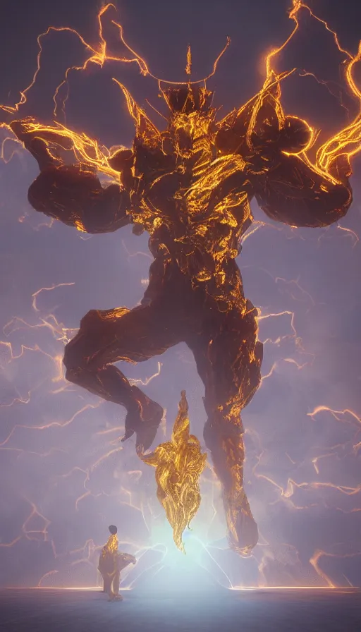Prompt: a god made of golden fire, concept art, volumetric lighting