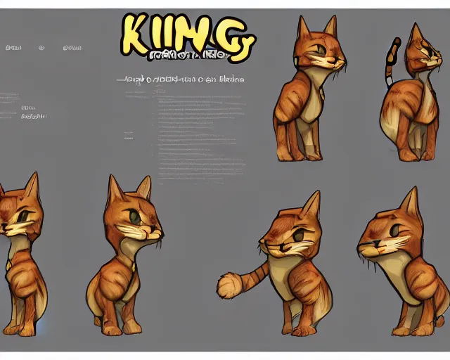 Image similar to king cat character reference sheet, trending on artstation, indie games, digital art, line art