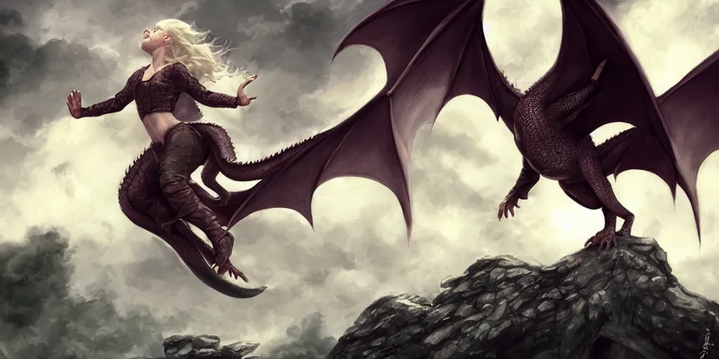 Prompt: Emilia Clarke jumping over a pit with dragons behind her in the air, artwork by charlie bowater