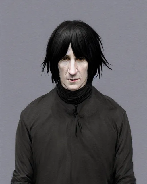 Prompt: portrait of a 3 2 - year - old man wearing black clothes, snape severus, with black, greasy, mid - length hair, hooked nose, dark brown eyes, yellow uneven teeth, highly detailed, digital painting, artstation, concept art, smooth, sharp focus, illustration, art by artgerm and greg rutkowski and alphonse mucha