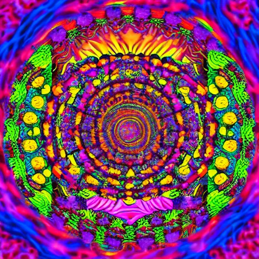 Image similar to god of psychedelics dancing in a vortex made of flowers