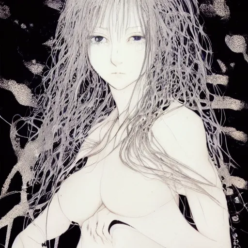 Image similar to Yoshitaka Amano realistic illustration of an anime girl with wavy white hair and cracks on her face wearing white shirt and black tie, abstract black and white patterns on the background, noisy film grain effect, highly detailed, Renaissance oil painting, weird camera angle