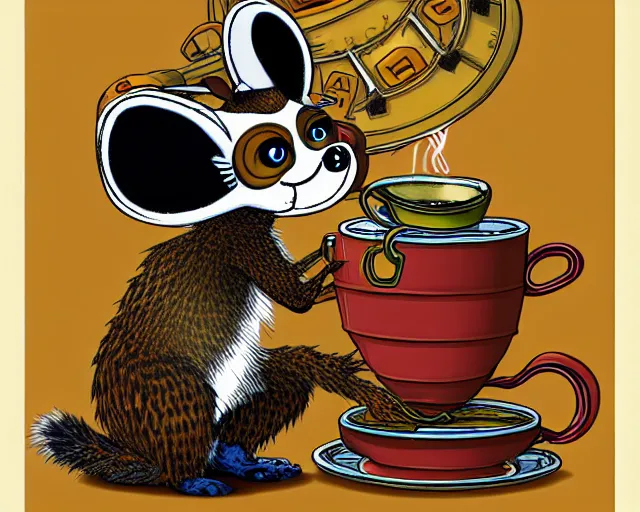 Prompt: an steampunk lemur having a cup of tea, by jim woodring