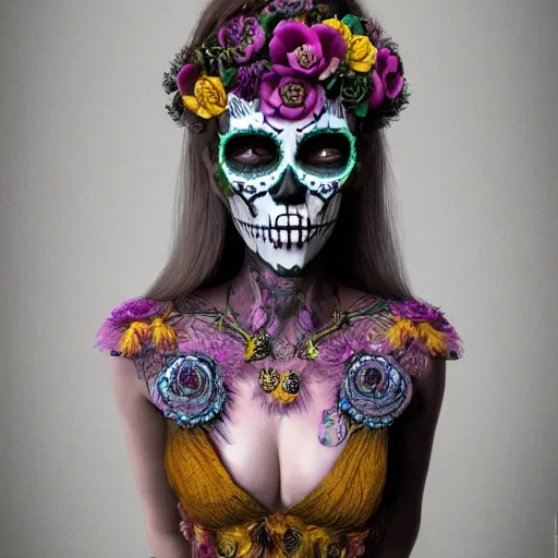 Image similar to changeling satyr lady, mid - waist self - portrait, perfect symmetry, intricate, dia de los muertos, skulls and flowers mask, aztec ultra detailed feathered dress 4 k resolution, octane rendering, ultra realistic, photo realism, beeple, 3 0 mm