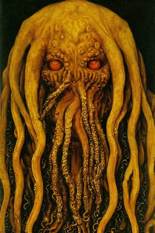 Prompt: portrait of cthulhu, oil painting by jan van eyck, northern renaissance art, oil on canvas, wet - on - wet technique, realistic, expressive emotions, intricate textures, illusionistic detail