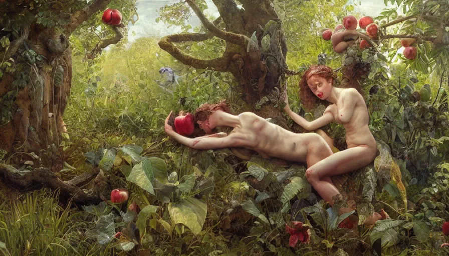 Image similar to original sin, Garden of Eden, Terrestrial Paradise, the Fall of Man, apple, the serpent, Adam, Eve, serov, surikov, vasnetsov, repin, kramskoi, paint texture, uplight, insanely detailed and intricate, Charlie Bowater, Tom Bagshaw, Norman Rockwell, high resolution, octane rendered, unreal engine, illustration, trending on artstation, masterpiece, 8k