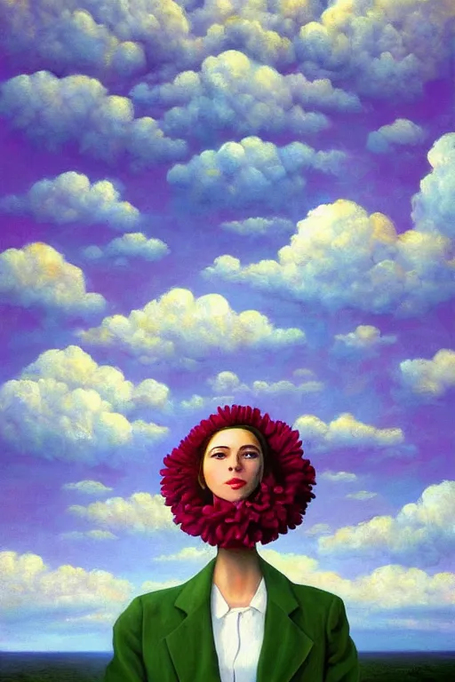 Image similar to closeup, giant carnation flower head, woman in suit, clouds in sky, surreal, impressionist painting, digital painting, artstation, rob gonsalves