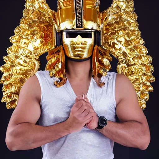 Image similar to A radiant, extreme long shot, photo of a 27-year-old Mexican male wearing the Scorpio Gold Armor, Beautiful gold Saint, Jaw-Dropping Beauty, gracious, aesthetically pleasing, dramatic eyes, intense stare, immense cosmic aura, from Knights of the Zodiac Saint Seiya, inside the Old Temple of Athena Greece,4k high resolution, Detailed photo, attention to detail, hyper detailed, ultra detailed, octane render, arnold render, Photoshopped, Award Winning Photo, groundbreaking, Deep depth of field, f/22, 35mm, make all elements sharp, at golden hour, Light Academia aesthetic, Socialist realism, by Annie Leibovitz