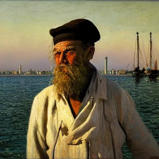 Image similar to painting of sailor hobo hyperrealism vasily vereshchagin at harbor boat fish